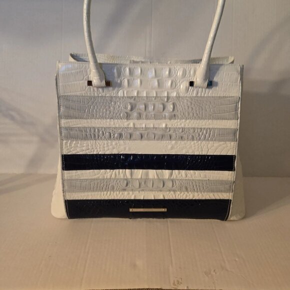 Brahmin Large Leather Duxbury Satchel Bag /Joan Tote/ Sea Glass Vineyard Stripes - Picture 1 of 10